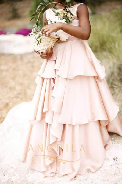 Tiered Ruffle Stretch Satin Ball Gown Flower Girl Dress