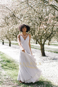 A-line Deep V-Neck Long Chiffon Bridesmaid Dresses with Spaghetti Straps