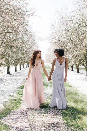 A-line Deep V-Neck Long Chiffon Bridesmaid Dresses with Spaghetti Straps