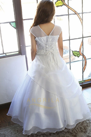 Ball Gown Tulle Illusion Long Tiered Flower Girl Dresses with Cap Sleeves