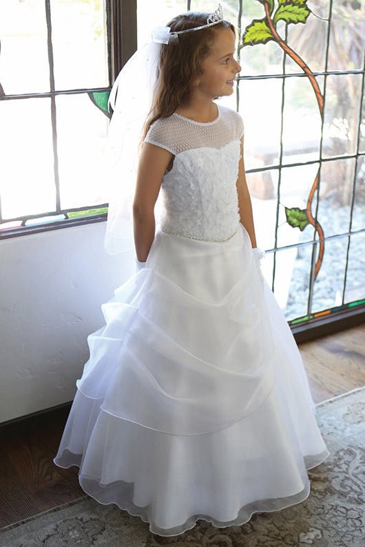 Ball Gown Tulle Illusion Long Tiered Flower Girl Dresses with Cap Sleeves