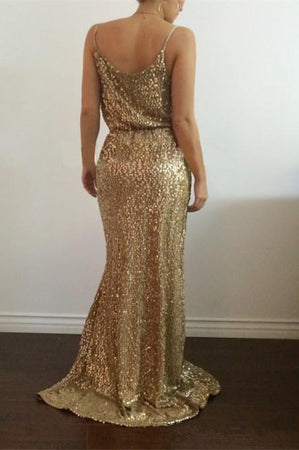 Noble Sheath/Column Spaghetti Straps V-neck Split Front Long Sequined Prom Dresses