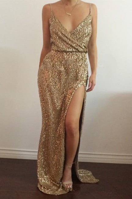 Surplice Sequin Sheath Prom Dress with High Slit