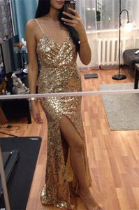 Noble Sheath/Column Spaghetti Straps V-neck Split Front Long Sequined Prom Dresses