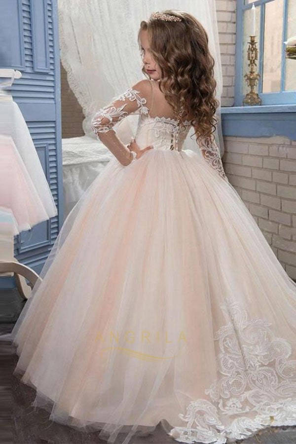Lace-Up Long-Sleeve Lace and Tulle Ball Gown Flower Girl Dress