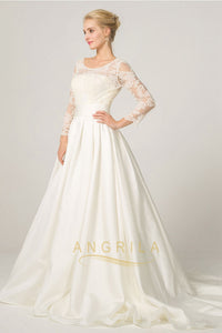 A-line Long Sleeves Illusion Neckline Bridal Wedding Dresses with Lace Appliques