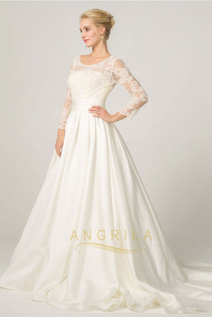 A-line Long Sleeves Illusion Neckline Bridal Wedding Dresses with Lace Appliques