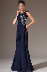 A-line One-Shoulder Beading Pleated Floor-length Evening Dresses