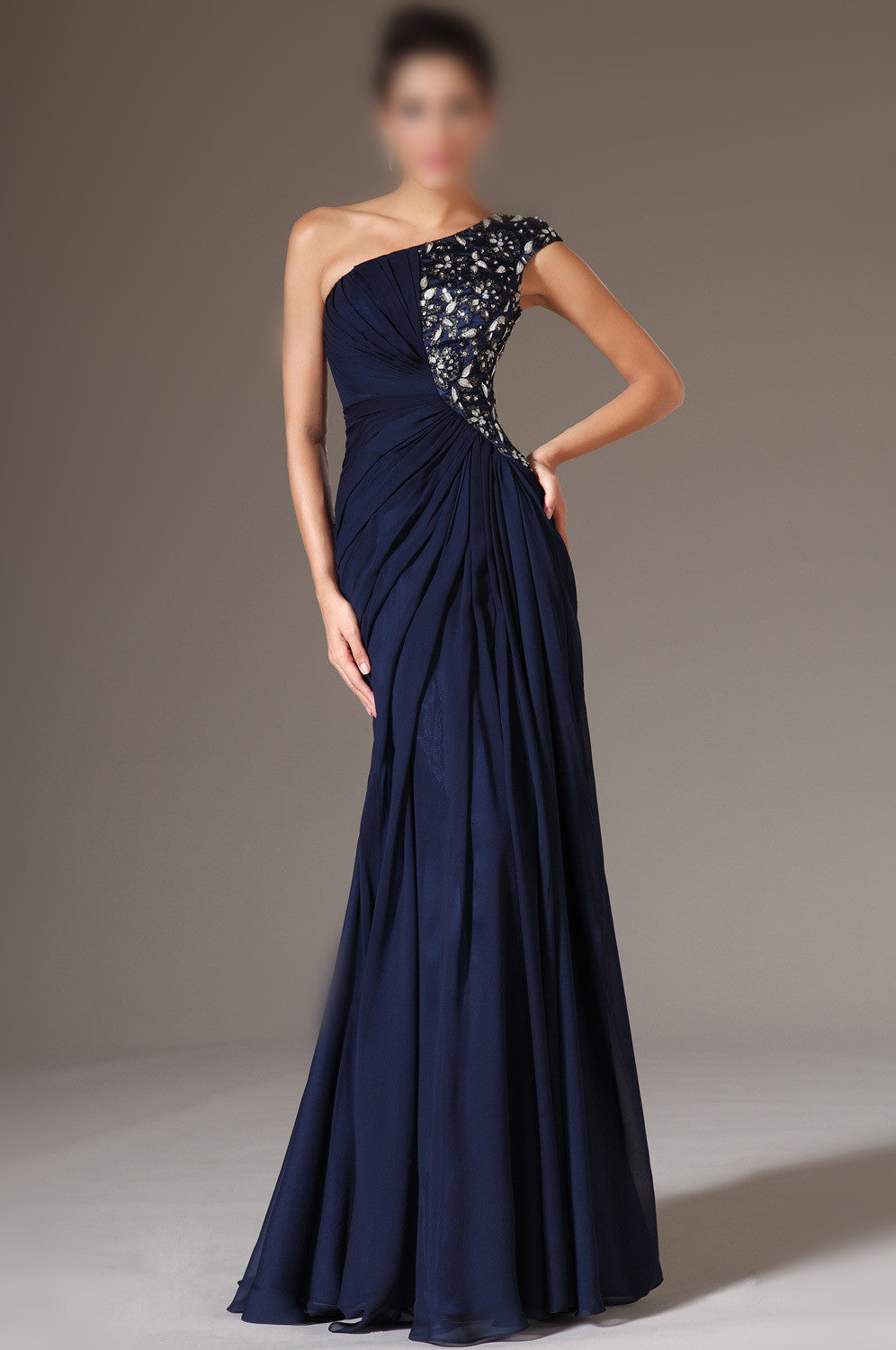A-line One-Shoulder Beading Pleated Floor-length Evening Dresses