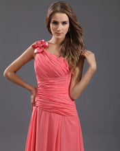 A Line One-shoulder Handmade Flower Chiffon Pleated Long Bridesmaid Dresses