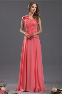 A Line One-shoulder Handmade Flower Chiffon Pleated Long Bridesmaid Dresses