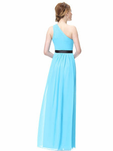 Graceful Flower Sash A-line One-shoulder Beading Long Bridesmaid Dress