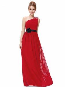 Graceful Flower Sash A-line One-shoulder Beading Long Bridesmaid Dress