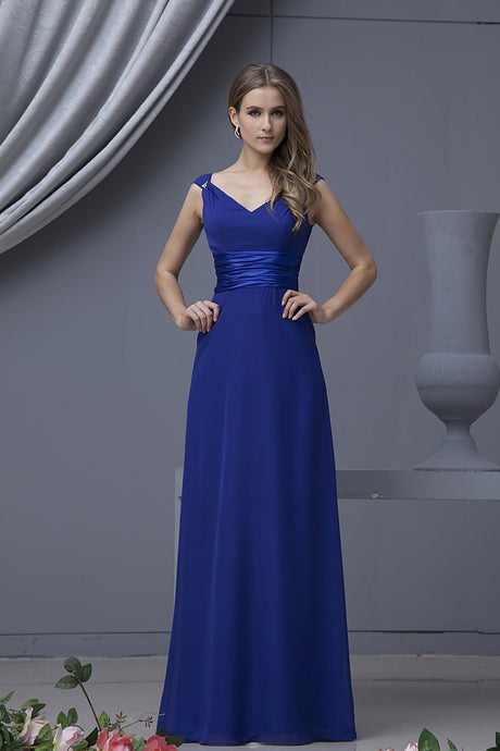 Royal Blue A-line V-neck Sleeveless Long Chiffon Bridesmaid Dresses