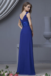 Royal Blue A-line V-neck Sleeveless Long Chiffon Bridesmaid Dresses