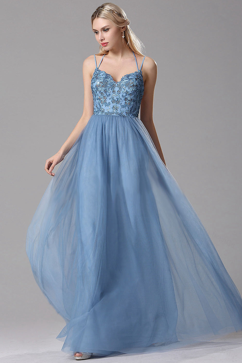 Blue Floral Tulle Prom Dress Bow-Tie Formal Dresses 21340 – vigocouture