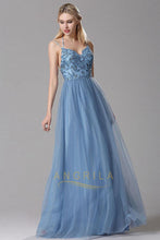 A-Line Sky Blue Lace Tulle Long Prom Dresses with Floral Lace and Spaghetti Straps