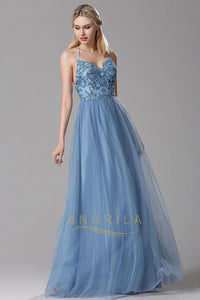 A-Line Sky Blue Lace Tulle Long Prom Dresses with Floral Lace and Spaghetti Straps