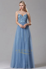 A-Line Sky Blue Lace Tulle Long Prom Dresses with Floral Lace and Spaghetti Straps