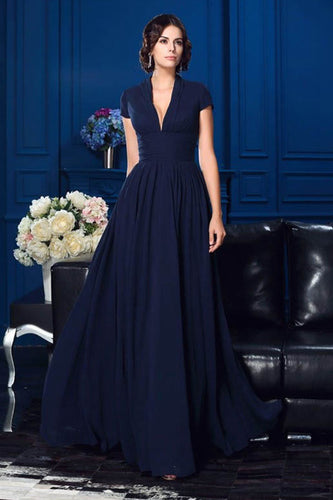 A-Line Chiffon Deep V-Neck Mother of the Bride Dresses with Short Sleeves