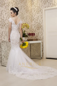 Trumpet/Mermaid V-Neck Cap Sleeves Wedding Dresses