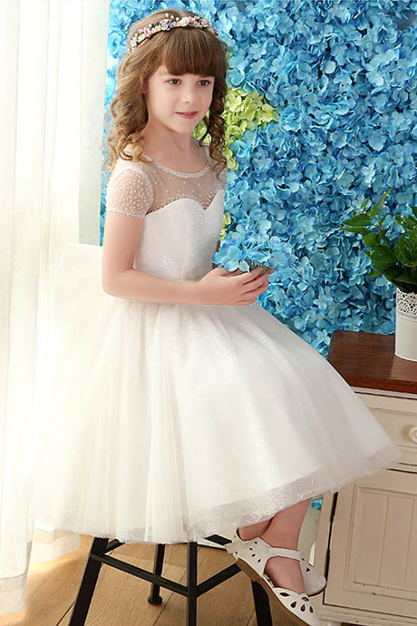 A-line/Princess Short Sleeves Tulle Flower Girl Dresses with Bow