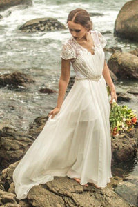 Chiffon V-Neck Beading Wedding Dresses with Cap Sleeves