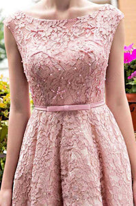 Bateau A-line/Princess Sleeveless Beading Lace up Tea-length Prom Dresses