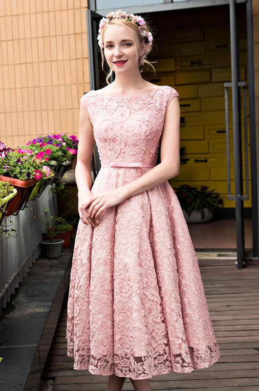 Bateau A-line/Princess Sleeveless Beading Lace up Tea-length Prom Dresses