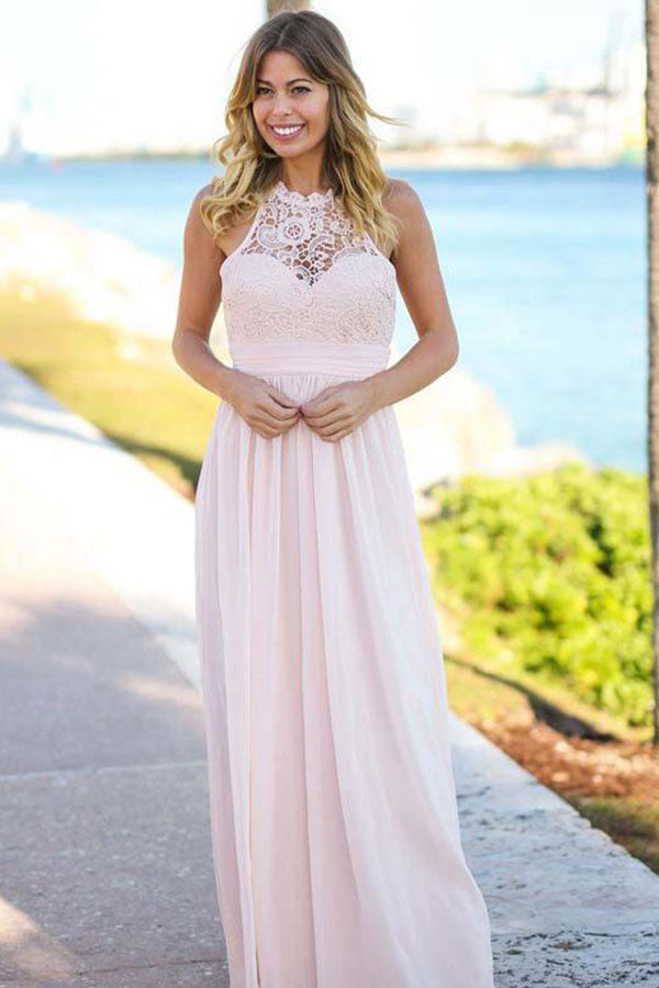 A-line Halter Long Chiffon Formal Prom Dresses