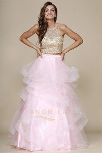 Two-Piece Ball Gown Halter Beading Tired Long Formal Prom Dresses