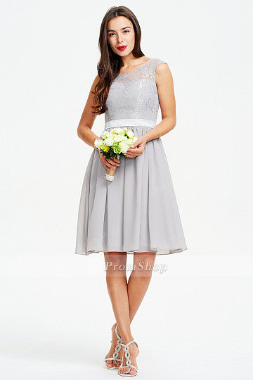 Short A-Line Sleeveless Silver Lace Chiffon Bridesmaid Dress Main image