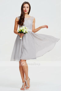 Short A-Line Sleeveless Silver Lace Chiffon Bridesmaid Dress