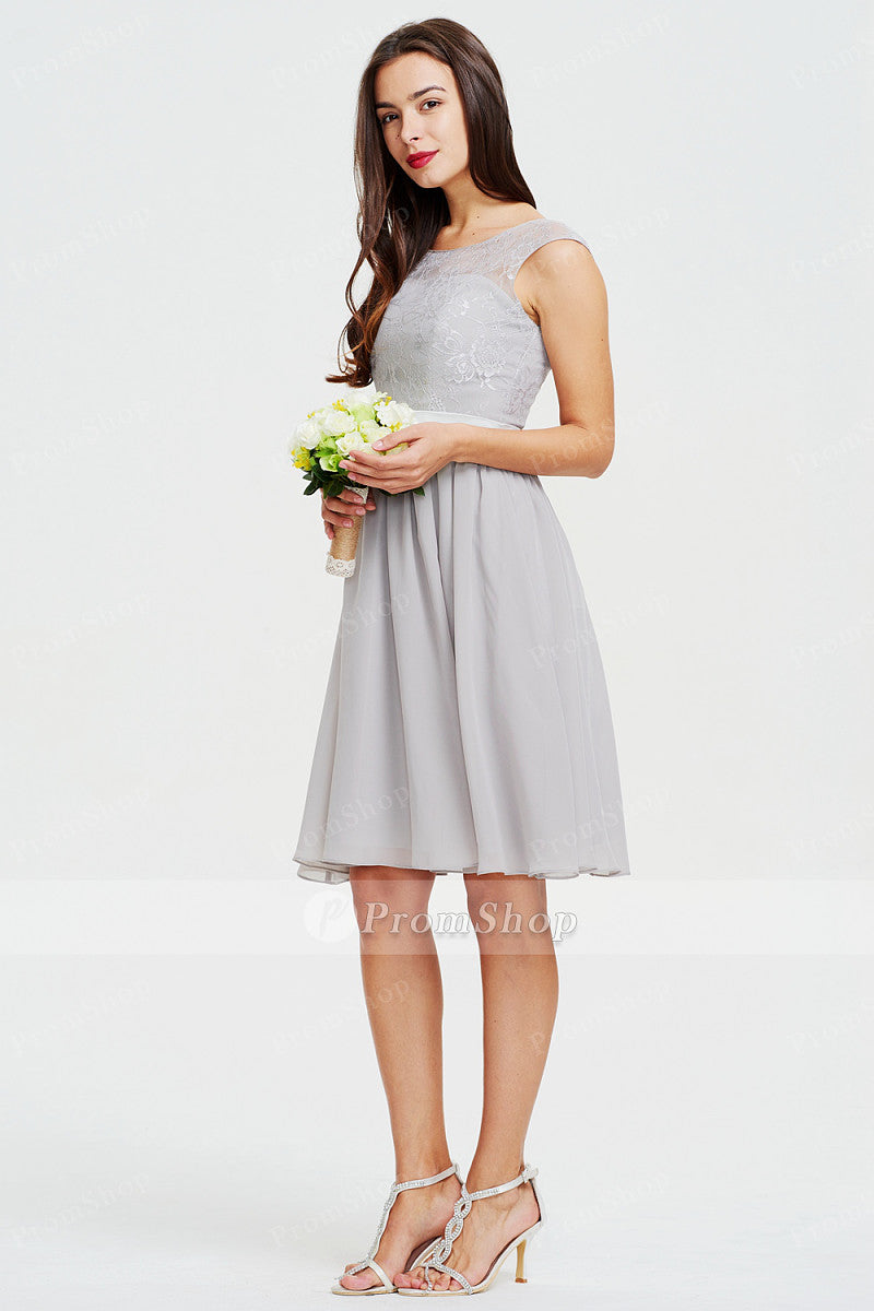 Bow-Back Short Lace and Chiffon A-Line Bridesmaid Dress
