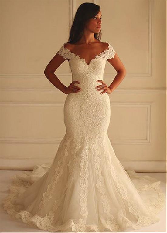Trumpet/Mermaid Off-the-shoulder Lace Appliques Long Wedding Dress