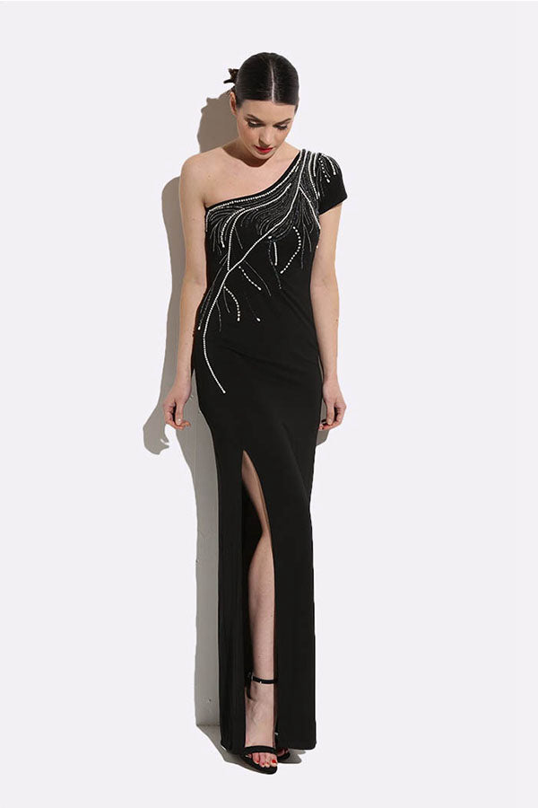 One-shoulder Fabulous Asymmetric Pearl & Sequin Maxi Dress with a Front Split