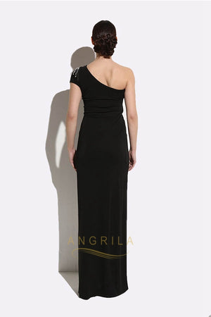 One-shoulder Fabulous Asymmetric Pearl & Sequin Maxi Dress with a Front Split