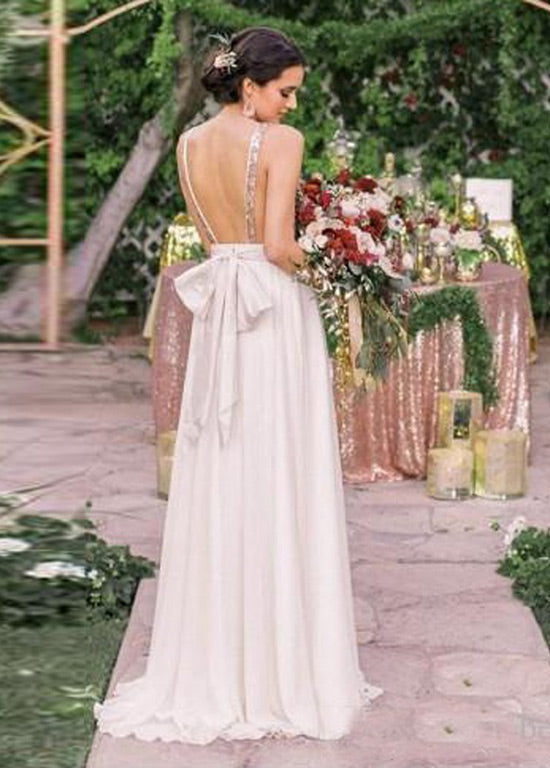 Open-Back Sequin and Chiffon A-Line Bridesmaid Dress with Bow