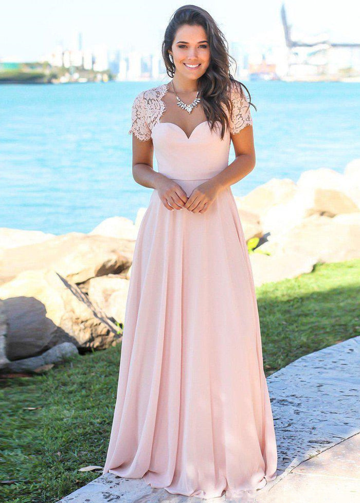 Short-Sleeve Lace and Chiffon A-Line Bridesmaid Dress
