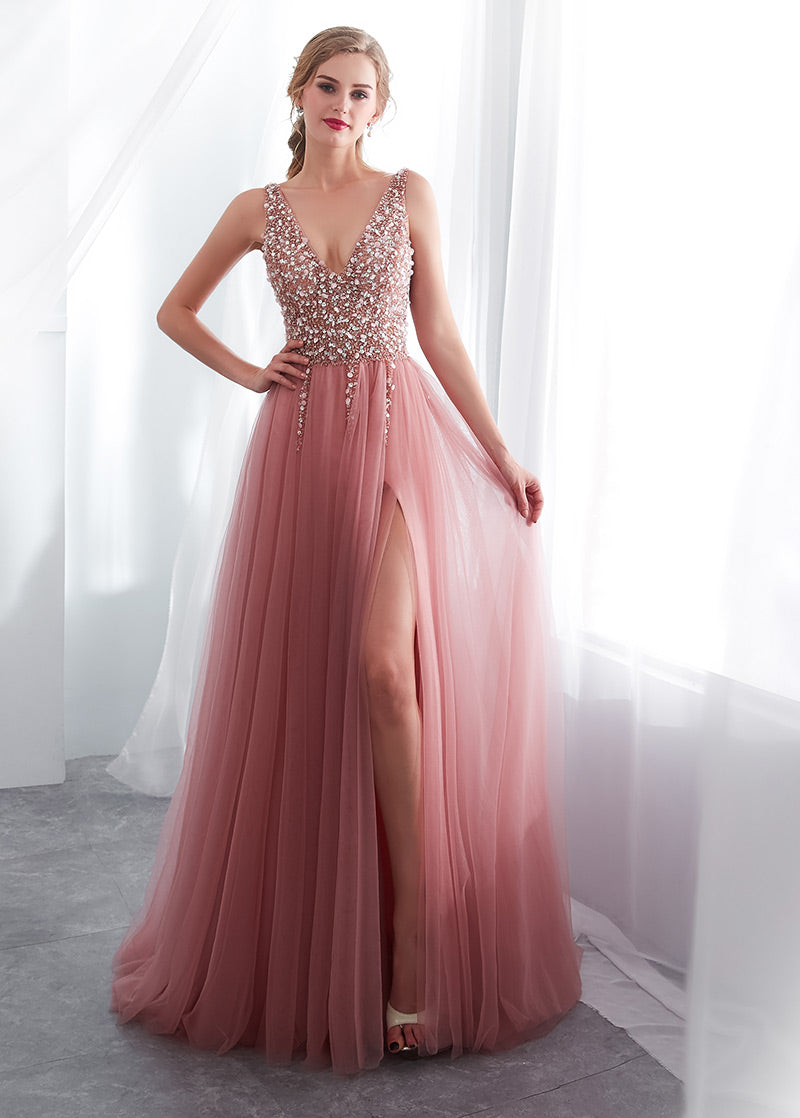 Tulle V-neck  A-line Floor-Length Sleeveless  Prom Dress With Beadings Secondary image