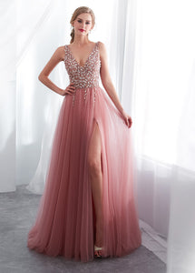 Tulle V-neck  A-line Floor-Length Sleeveless  Prom Dress With Beadings