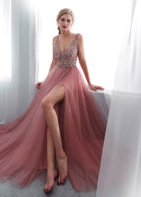 Tulle V-neck  A-line Floor-Length Sleeveless  Prom Dress With Beadings
