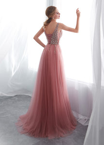 Tulle V-neck  A-line Floor-Length Sleeveless  Prom Dress With Beadings