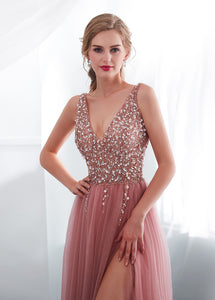 Tulle V-neck  A-line Floor-Length Sleeveless  Prom Dress With Beadings