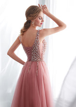 Tulle V-neck  A-line Floor-Length Sleeveless  Prom Dress With Beadings