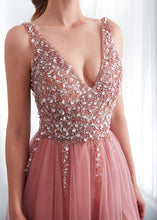 Tulle V-neck  A-line Floor-Length Sleeveless  Prom Dress With Beadings