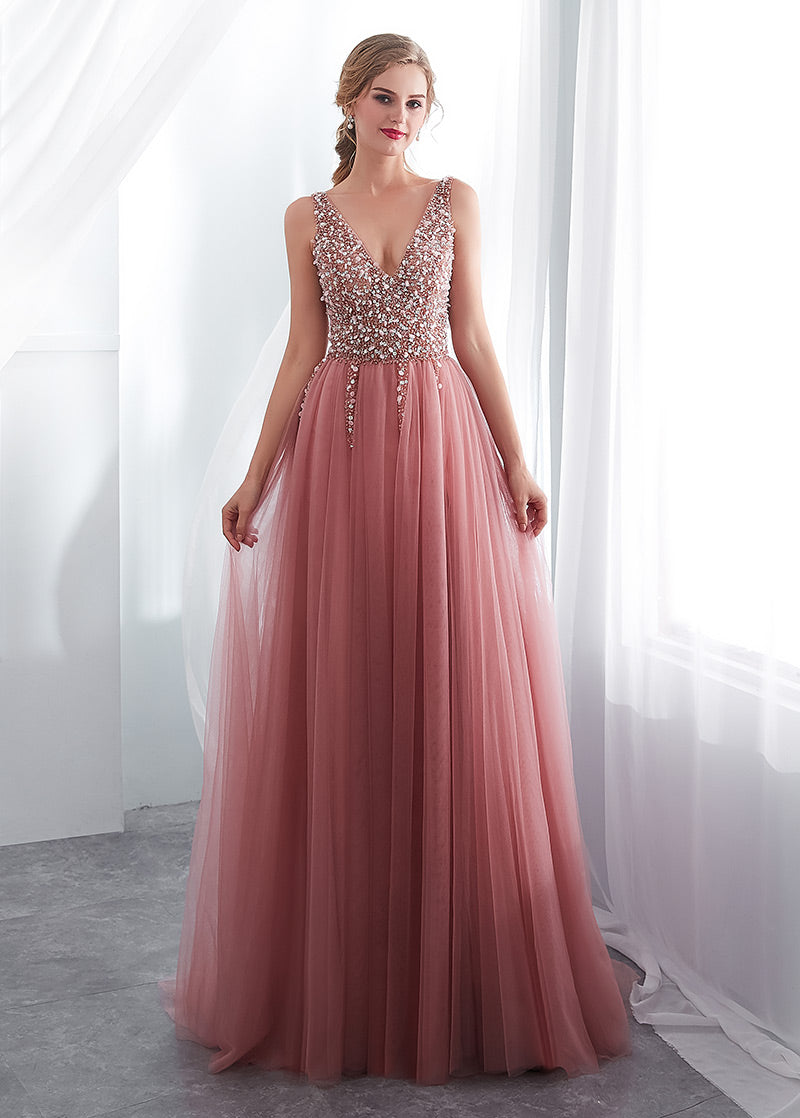 Tulle V-neck  A-line Floor-Length Sleeveless  Prom Dress With Beadings Main image