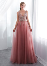 Tulle V-neck  A-line Floor-Length Sleeveless  Prom Dress With Beadings