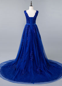 Blue Lace V-neck A-line Prom Dress With Beaded Lace Appliques & Belt