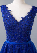 Blue Lace V-neck A-line Prom Dress With Beaded Lace Appliques & Belt